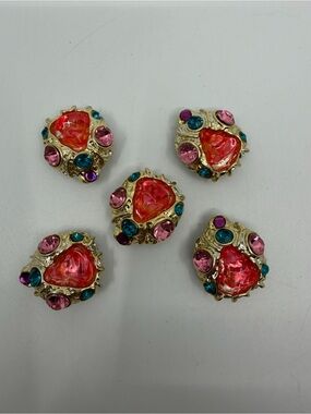 5 Gold-Tone Cluster button covers with Pink and Teal Stones